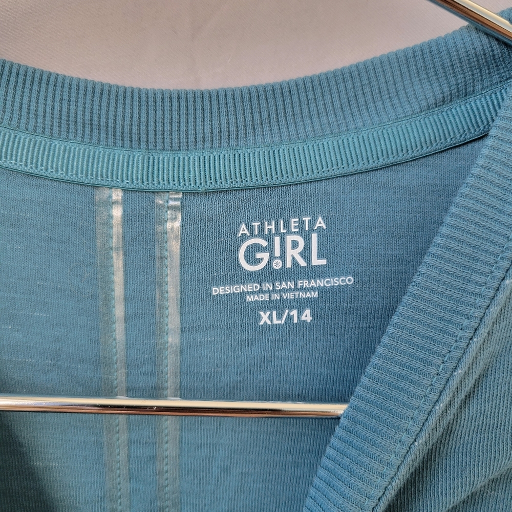 Athleta Girl Beachy Scrunch Pullover Crew Neck‎ Sweatshirt Teal Blue XL 14 - Picture 11 of 13